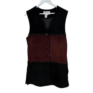 Erez Levy Vintage Leather Suede Vest Black Burgundy Red Colorblock Longline M